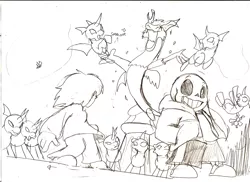 Size: 1263x918 | Tagged: army, artist:droll3, changeling, crossover, derpibooru import, discord, draconequus, frisk, monochrome, safe, sans (undertale), sketch, traditional art, undertale