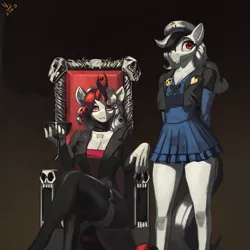 Size: 4000x4000 | Tagged: anthro, artist:nsilverdraws, breasts, challice, cleavage, clothes, cosplay, costume, crossed legs, cute, dark background, demon, demon pony, derpibooru import, female, hands behind back, helix horn, jacket, legs, looking at you, mother and child, mother and daughter, oc, oc:razlad, oc:strelka, open mouth, original species, potrait, raz clan, rebrandth, resting, sailour hat, scarf, simple background, sitting, skulls for the skull throne, smiling, smug, socks, suggestive, tail, thicc thighs, thigh highs, thighs, throne, tight clothing