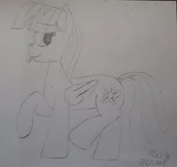 Size: 3088x2926 | Tagged: safe, artist:lightningdash3804, derpibooru import, blossomforth, pegasus, pony, :p, monochrome, solo, tongue out, traditional art