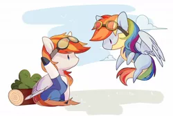 Size: 1280x854 | Tagged: safe, artist:haidiannotes, derpibooru import, rainbow dash, oc, pegasus, pony, clothes, female, flight suit, goggles, male, simple background, uniform, wonderbolt trainee uniform