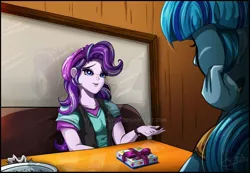 Size: 1600x1110 | Tagged: safe, artist:jenndylyon, derpibooru import, sonata dusk, starlight glimmer, fanfic, equestria girls, beanie, clothes, cover art, fanfic art, fanfic cover, hat, present, table