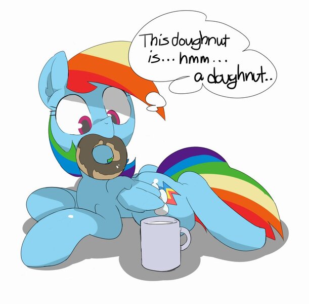 Size: 912x896 | Tagged: safe, artist:baigak, derpibooru import, rainbow dash, pegasus, pony, captain obvious, cute, dashabetes, donut, female, food, laying on floor, looking at something, mare, mouth hold, mug, shaped like itself, simple background, solo, thought bubble, white background