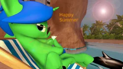 Size: 1920x1080 | Tagged: 3d, artist:johnnyxluna, beach chair, derpibooru import, drink, kiwi drink, looking at you, oc, oc:king lightning chaser, relaxing, safe, smiling, smirk, summer, sun, sunglasses, unofficial characters only