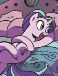 Size: 687x899 | Tagged: safe, derpibooru import, starlight glimmer, pony, unicorn, spoiler:comiclom4, bed, bedroom, cropped, female, mare, open mouth, smiling, solo