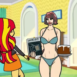 Size: 600x600 | Tagged: suggestive, artist:nightred15, derpibooru import, edit, sunset shimmer, equestria girls, belly button, bikini, blue bikini, bra, breasts, cake, clothes, female, floor, food, game boy, gameboy box, house, lauren holly, maxine max stewart, picket fences, plate, rug, simple background, solo, solo female, swimsuit, transparent background, underwear, underwear edit