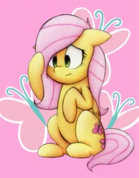 Size: 1713x2201 | Tagged: artist:mustachedbain, cropped, cute, derpibooru import, floppy ears, fluttershy, safe, shyabetes, sitting, solo