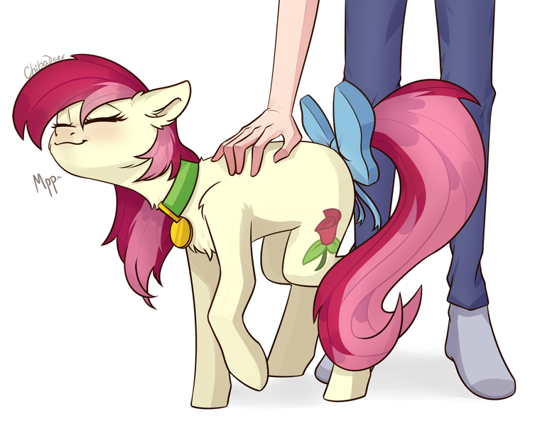 Size: 2386x1866 | Tagged: safe, artist:chibadeer, derpibooru import, roseluck, human, pony, behaving like a cat, bow, collar, cute, cyrillic, eyes closed, fluffy, pet tag, petting, pony pet, purring, rosepet, russian, tail bow, translated in the description