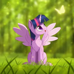 Size: 3000x3000 | Tagged: safe, artist:alexbefest, derpibooru import, twilight sparkle, twilight sparkle (alicorn), alicorn, butterfly, pony, chest fluff, cute, female, forest, grass, high res, looking up, mare, sitting, solo, spread wings, sun, twiabetes, wings