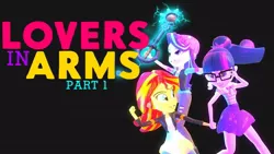 Size: 1024x576 | Tagged: safe, artist:lanceolleyfrie, derpibooru import, sci-twi, starlight glimmer, sunset shimmer, twilight sparkle, series:lovers in arms, equestria girls, equestria girls series, 3d, beanie, black background, bowtie, clothes, female, geode of telekinesis, glasses, gmod, hat, holding hands, jacket, keyblade, kingdom hearts, leather jacket, lesbian, magical geodes, pants, ponytail, scitwishimmer, shipping, shirt, simple background, skirt, sunsetsparkle, torn clothes, vest, youtube link in the description, youtube thumbnail
