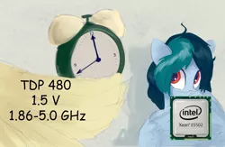 Size: 1280x835 | Tagged: safe, artist:some_ponu, derpibooru import, oc, oc:delta vee, oc:jet stream, unofficial characters only, pegasus, pony, clock, cpu, intel, meme, overclocking, pun, red eyes, visual pun, wings