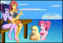 Size: 3202x2214 | Tagged: safe, artist:physicrodrigo, derpibooru import, part of a set, applejack, pinkie pie, sci-twi, sunset shimmer, twilight sparkle, human, mermaid, series:equestria mermaids, equestria girls, barefoot, battleship, belly button, boat, breasts, busty applejack, busty pinkie pie, busty sunset shimmer, clothes, feet, force field, high res, mermaidized, mexico, military, navy, ocean, orange bra, orange underwear, part of a series, pier, pink bra, pink underwear, seashell bra, ship, smiling, species swap, story in the source, swimsuit, underwear