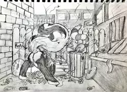 Size: 1930x1402 | Tagged: safe, artist:reekosukanku, derpibooru import, oc, oc:reeko, pony, raccoon, skunk, skunk pony, butt, monochrome, plot, solo, traditional art, trash can