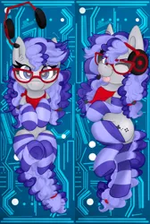 Size: 500x745 | Tagged: safe, artist:littleblackraencloud, derpibooru import, oc, oc:cinnabyte, unofficial characters only, :p, adorkable, bandana, body pillow, both sides, circuit board, clothes, cute, dork, gaming headset, glasses, headphones, headset, smiling, socks, striped socks, tongue out