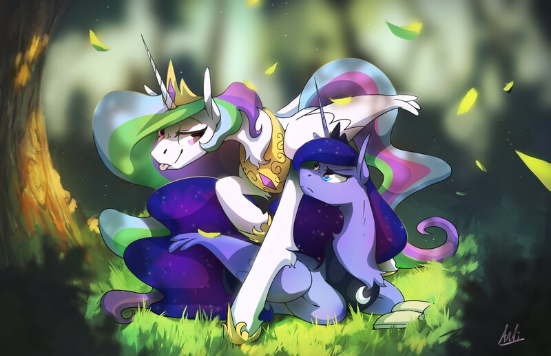 Size: 4096x2650 | Tagged: safe, artist:anticular, derpibooru import, princess celestia, princess luna, alicorn, pony, :p, annoyed, book, chest fluff, cute, duo, eye contact, female, fluffy, forest, frown, glare, grass, high res, leaves, leg fluff, lidded eyes, looking at each other, mare, nature, ponyloaf, prone, raised hoof, royal sisters, scenery, siblings, sisters, smiling, smirk, tongue out, tree, unamused, wing fluff