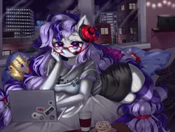 Size: 4800x3600 | Tagged: adorkable, anthro, artist:manekoart, body pillow, cinnamon bun, clothes, coffee, computer, cute, derpibooru import, dork, food, gaming headset, glasses, headphones, headset, laptop computer, nintendo switch dock, oc, oc:cinnabyte, princess peach, safe, socks, striped socks, super mario bros., thigh highs, unofficial characters only