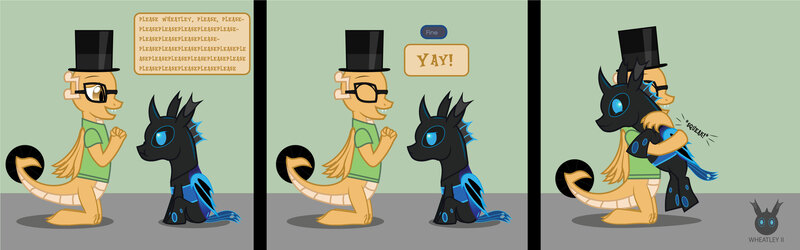 Size: 3485x1091 | Tagged: 3 panel comic, artist:wheatley r.h., bat wings, blue changeling, blue eyes, brown eyes, changeling, changeling oc, clothes, comic, derpibooru import, dragon, dragon oc, glasses, happy, hat, honeypot changeling, horn, hug, oc, oc:myoozik the dragon, oc:w. rhinestone eyes, on the knees, pleading, safe, serious, serious face, shirt, sitting, speech bubble, tail, top hat, unofficial characters only, vector, watermark, wings