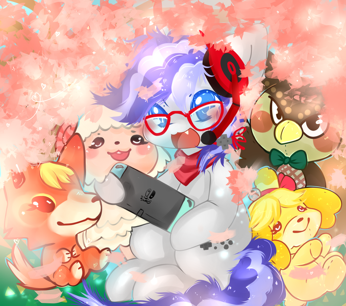 Size: 1396x1235 | Tagged: adorakble, animal crossing, artist:fluffire, bandana, blathers, cute, derpibooru import, dork, gaming headset, glasses, headphones, headset, isabelle, nintendo switch, oc, oc:cinnabyte, plushie, safe, switch, unofficial characters only