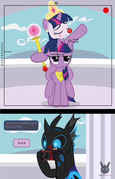 Size: 1418x2205 | Tagged: safe, artist:wheatley r.h., derpibooru import, twilight sparkle, twilight sparkle (alicorn), oc, oc:twi clown, oc:w. rhinestone eyes, alicorn, changeling, pony, unicorn, ..., annoyed, bat wings, blue changeling, camera, canterlot castle, changeling oc, chestplate, clone, cloud, clown makeup, crown, honeypot changeling, horn, jewelry, purple eyes, raised hoof, regalia, scepter, speech bubble, twilight is not amused, unamused, unicorn oc, vector, watermark, wings