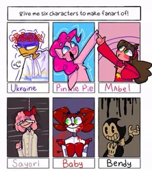 Size: 721x813 | Tagged: safe, artist:sofis_territory, derpibooru import, pinkie pie, earth pony, pony, six fanarts, animatronic, bendy and the ink machine, blood, circus baby, clothes, countryhumans, crossover, doki doki literature club, female, finger gun, floral head wreath, flower, gloves, gravity, gravity falls, grin, hanging (by neck), hoof fingers, mabel pines, mare, noose, open mouth, pacman eyes, sayori, smiling, thumbs up, ukraine