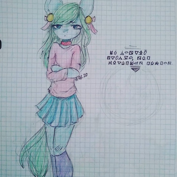 Size: 1080x1080 | Tagged: safe, artist:nickellmollibden134, derpibooru import, oc, unofficial characters only, anthro, earth pony, arm hooves, choker, clothes, earth pony oc, female, graph paper, skirt, solo, text, traditional art