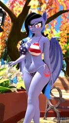 Size: 1080x1920 | Tagged: suggestive, artist:anthroponiessfm, derpibooru import, oc, oc:midnight grave, anthro, bat pony, 3d, american flag, american flag bikini, anthro oc, bat pony oc, bat wings, belly button, big breasts, bikini, bikini bottom, bikini top, breasts, clothes, female, flag bikini, park, source filmmaker, swimsuit, wings