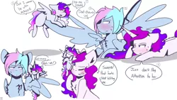 Size: 2560x1440 | Tagged: safe, artist:shinningblossom12, derpibooru import, oc, oc:anasflow maggy, oc:shining blossom, unofficial characters only, alicorn, pegasus, pony, unicorn, alicorn oc, blushing, dialogue, female, filly, fusion, horn, magical lesbian spawn, mare, oc x oc, offspring, one eye closed, pegasus oc, prone, shipping, simple background, smiling, unicorn oc, white background, wings, wink