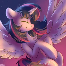 Size: 3000x3000 | Tagged: safe, artist:lilclim, derpibooru import, twilight sparkle, twilight sparkle (alicorn), alicorn, pony, chest fluff, cute, eyes closed, female, flying, high res, mare, night, profile, sky, smiling, solo, spread wings, stars, twiabetes, wings