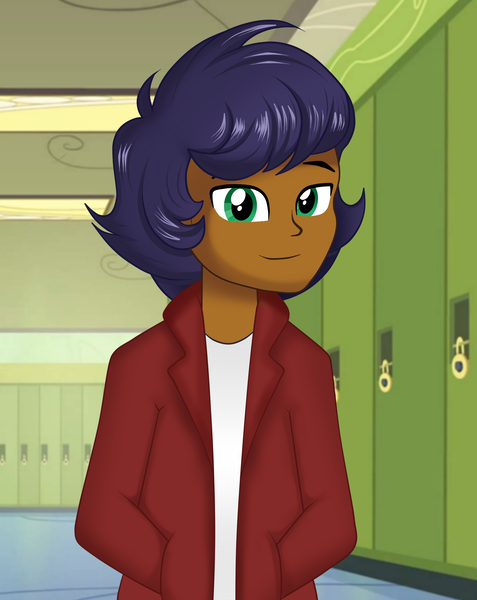 Size: 1753x2203 | Tagged: safe, artist:danielitamlp, derpibooru import, capper dapperpaws, equestria girls, my little pony: the movie, canterlot high, clothes, equestria girls-ified, green eyes, hallway, jacket, lockers, looking at you, male, smiling, solo