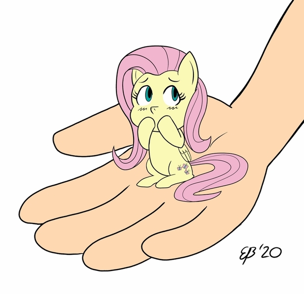 Size: 900x873 | Tagged: safe, artist:cartoon-eric, derpibooru import, fluttershy, human, pegasus, pony, blushing, chibi, covering mouth, disembodied hand, female, folded wings, hand, in goliath's palm, looking away, looking up, mare, micro, raised hoof, simple background, sitting, solo, tiny, tiny ponies, white background, wings