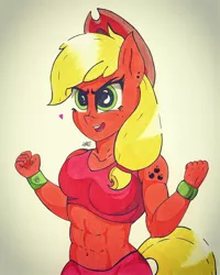 Size: 1594x1992 | Tagged: safe, artist:andur1l pon3, derpibooru import, applejack, anthro, earth pony, alternative cutie mark placement, applejacked, breasts, busty applejack, clothes, filter, heart, muscles, scanned, shoulder cutie mark, sports bra, traditional art, wristband