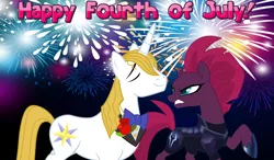 Size: 2064x1204 | Tagged: 4th of july, annoyed, armor, arrogant, belligerent sexual tension, berryblood, bowtie, derpibooru import, female, fireworks, fizzlepop berrytwist, glare, holiday, insulted, male, night, prince blueblood, safe, sexual tension, shipping, smug, straight, tempest shadow, tempest shadow is not amused, this will end in pain, this will not end well, uh oh, unamused