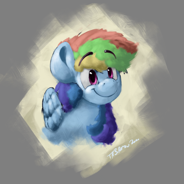 Size: 2000x2000 | Tagged: safe, artist:rigbyh00ves, derpibooru import, rainbow dash, pegasus, pony, atg 2020, bust, eyebrows visible through hair, female, folded wings, mare, newbie artist training grounds, portrait, smiling, solo, three quarter view, wings