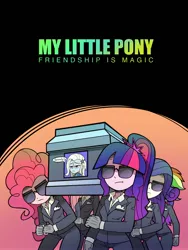 Size: 3000x4000 | Tagged: safe, artist:emerald-light, derpibooru import, fluttershy, pinkie pie, rainbow dash, rarity, sci-twi, trixie, twilight sparkle, equestria girls, :t, clothes, coffin, coffin dance, gloves, meme, offscreen character, sunglasses, trixie is not amused, unamused