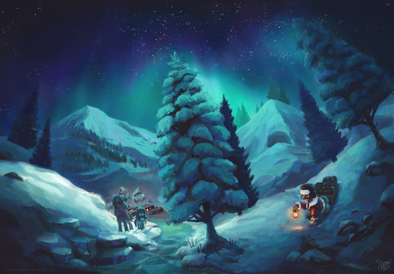 Size: 2500x1736 | Tagged: safe, artist:nemo2d, derpibooru import, oc, unofficial characters only, hippogriff, pony, aurora borealis, lantern, mountain, night, north pole, scenery, scenery porn, snow, stars, tree