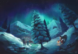 Size: 2500x1736 | Tagged: safe, artist:nemo2d, derpibooru import, oc, unofficial characters only, hippogriff, pony, aurora borealis, lantern, mountain, night, north pole, scenery, scenery porn, snow, stars, tree