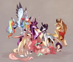 Size: 3879x3312 | Tagged: safe, artist:iheyyasyfox, derpibooru import, applejack, fluttershy, pinkie pie, rainbow dash, rarity, twilight sparkle, twilight sparkle (alicorn), alicorn, pony, alternate design, backwards ballcap, baseball cap, cap, colored wings, colored wingtips, hat, mane six, wings