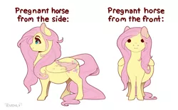 Size: 1300x806 | Tagged: safe, artist:evehly, derpibooru import, fluttershy, pegasus, pony, :i, belly, big belly, blank eyes, chest fluff, colored wings, colored wingtips, cute, female, implied sombrashy, looking at you, mare, preggoshy, pregnant, profile, shyabetes, simple background, smiling, solo, text, white background, wing fluff, wings, •-•