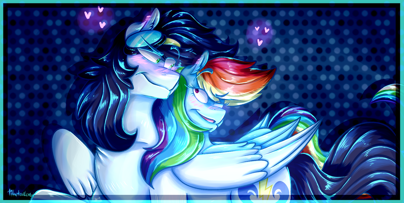 Size: 1890x950 | Tagged: safe, artist:phantomlemon, derpibooru import, rainbow dash, soarin', blushing, female, floating heart, goggles, heart, male, shipping, soarindash, straight