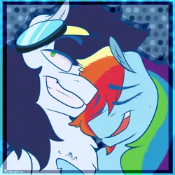 Size: 1000x1000 | Tagged: safe, artist:phantomlemon, derpibooru import, rainbow dash, soarin', bust, female, goggles, male, portrait, shipping, soarindash, straight