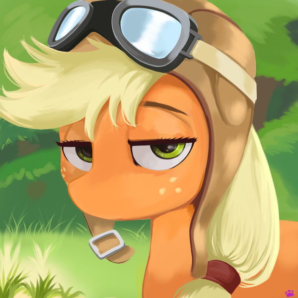 Size: 4096x4096 | Tagged: safe, artist:xxpaw2001xx, derpibooru import, applejack, earth pony, pony, how applejack got her hat back, my little pony: pony life, spoiler:pony life s01e04, applejack is not amused, aviator goggles, aviator hat, bust, female, g4.5 to g4, goggles, hat, mare, portrait, solo, unamused