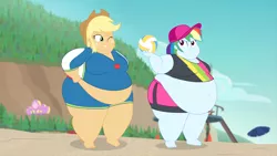 Size: 2560x1440 | Tagged: suggestive, artist:neongothic, derpibooru import, applejack, rainbow dash, equestria girls, amplejack, applefat, bbw, beach, belly, belly button, big belly, big breasts, breasts, clothes, double chin, fat, fat boobs, female, hat, morbidly obese, obese, rainblob dash, ssbbw, story included, swimsuit, weight gain