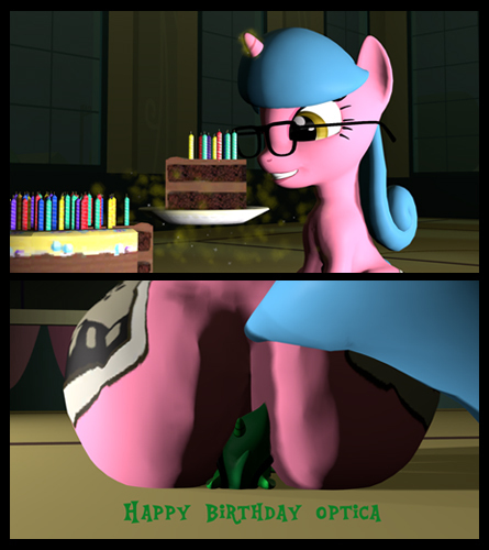 Size: 445x500 | Tagged: questionable, artist:fernando-fontes-64, derpibooru import, oc, oc:fernando jesús, oc:optica, alicorn, pony, unicorn, 3d, ass, birthday, birthday cake, birthday gift, butt, cake, candle, faceful of ass, facesitting, female, food, glasses, male, source filmmaker, the ass was fat, thicc ass