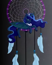 Size: 1080x1350 | Tagged: safe, artist:chrystal_company, derpibooru import, princess luna, alicorn, pony, colored hooves, dreamcatcher, ethereal mane, jewelry, peytral, prone, solo, starry mane, tiara