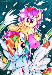 Size: 741x1078 | Tagged: safe, artist:liaaqila, derpibooru import, rainbow dash, scootaloo, pegasus, pony, cute, cutealoo, dashabetes, hose, playing, scootalove, tongue out, water balloon