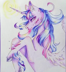 Size: 1080x1191 | Tagged: safe, artist:mayguay, derpibooru import, twilight sparkle, twilight sparkle (alicorn), alicorn, pony, blood, ear fluff, female, glowing horn, horn, mare, nosebleed, rearing, scar, solo, traditional art, unshorn fetlocks