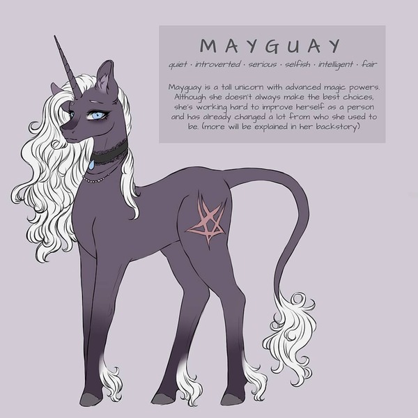 Size: 1080x1080 | Tagged: safe, artist:mayguay, derpibooru import, oc, pony, unicorn, choker, colored hooves, ear fluff, female, horn, jewelry, leonine tail, mare, necklace, reference sheet, simple background, solo, unicorn oc