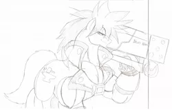 Size: 1280x823 | Tagged: safe, artist:droll3, derpibooru import, ponified, earth pony, pony, crossover, guilty gear, monochrome, simple background, sketch, sol badguy, steel, traditional art, weapon, white background, xrd