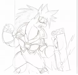 Size: 1280x1232 | Tagged: safe, artist:droll3, derpibooru import, ponified, earth pony, pony, crossover, guilty gear, monochrome, simple background, sketch, sol badguy, steel, traditional art, weapon, white background, xrd