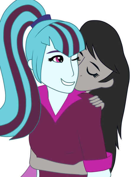 Size: 564x764 | Tagged: safe, artist:thesleeplessbeholder, derpibooru import, octavia melody, sonata dusk, human, equestria girls, cute, embrace, female, holding, hug, kiss on the cheek, kissing, lesbian, shipping, sonatabetes, sontavia