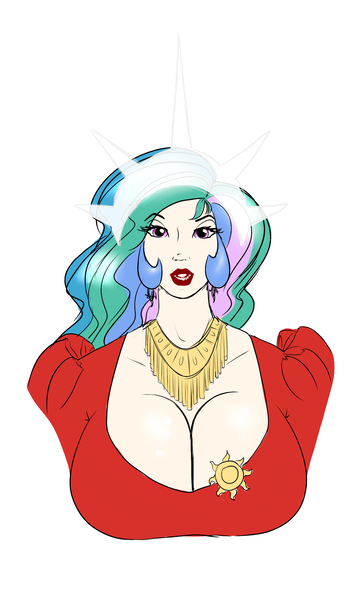 Size: 1400x2352 | Tagged: alternate version, artist:hellbridge, big breasts, breasts, bust, busty princess celestia, clothes, derpibooru import, digital art, dress, female, huge breasts, human, humanized, lipstick, looking at you, makeup, portrait, princess celestia, simple background, solo, solo female, suggestive, white background